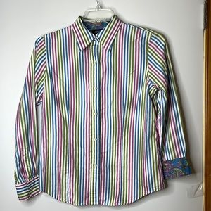 Jones New York Signature Womens Striped Full Button Up Top Blouse L LARGE